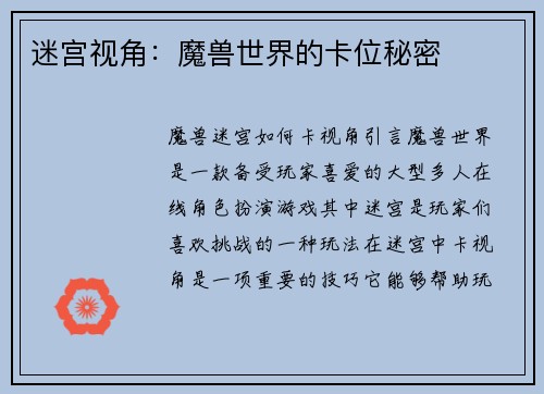 迷宫视角：魔兽世界的卡位秘密